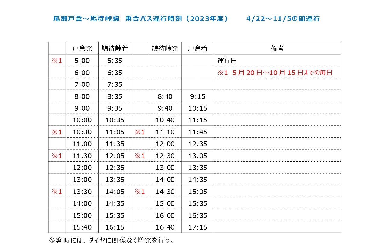 尾瀬 戸倉 バス 時刻 表